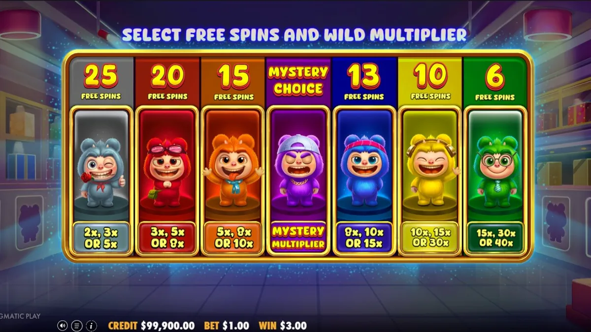 Tampilan visual permainan slot Furry Bonanza Megaways dengan karakter beruang lucu