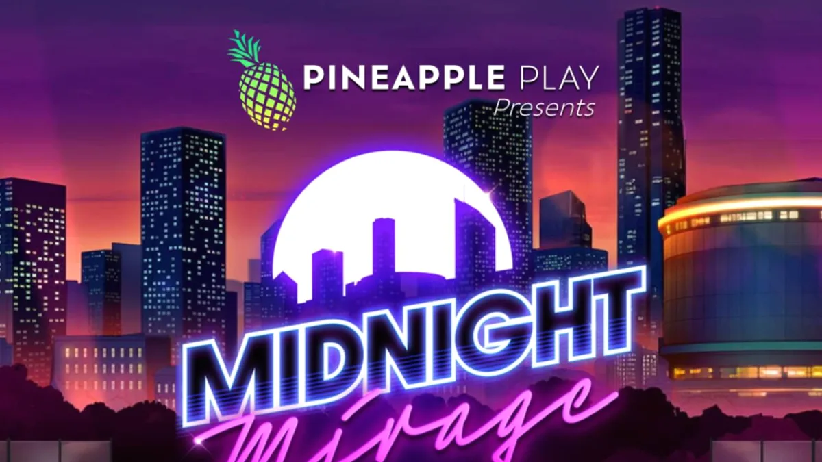 Tampilan visual slot Midnight Mirage dengan tema neon Miami Vice yang mewah