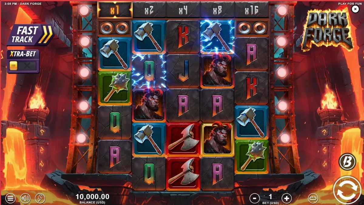 Tampilan visual slot Dark Forge dengan latar belakang pandai besi iblis dan api neraka